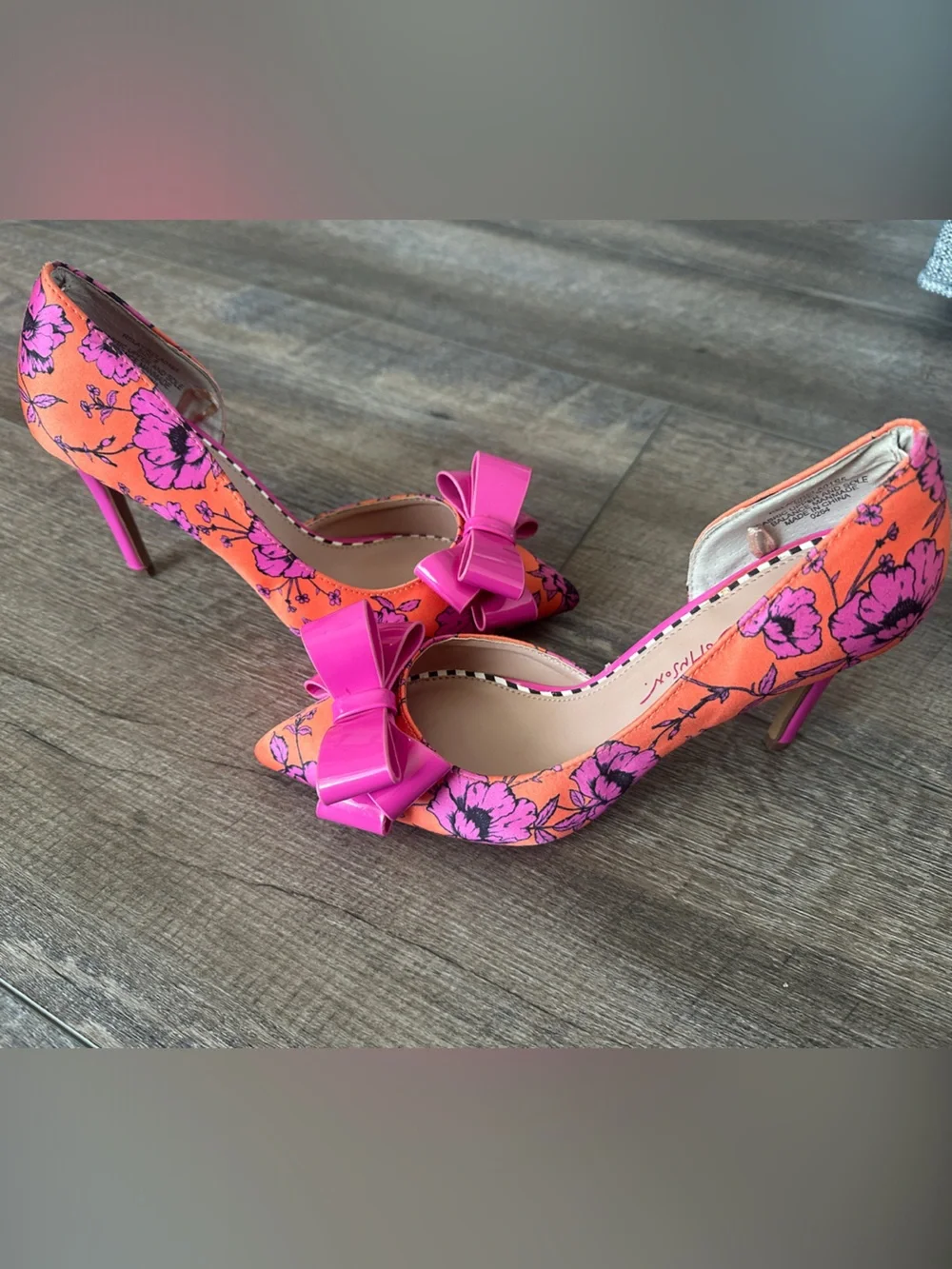 Betsey Johnson Pink Bow Orange Floral D'Orsay Heels
